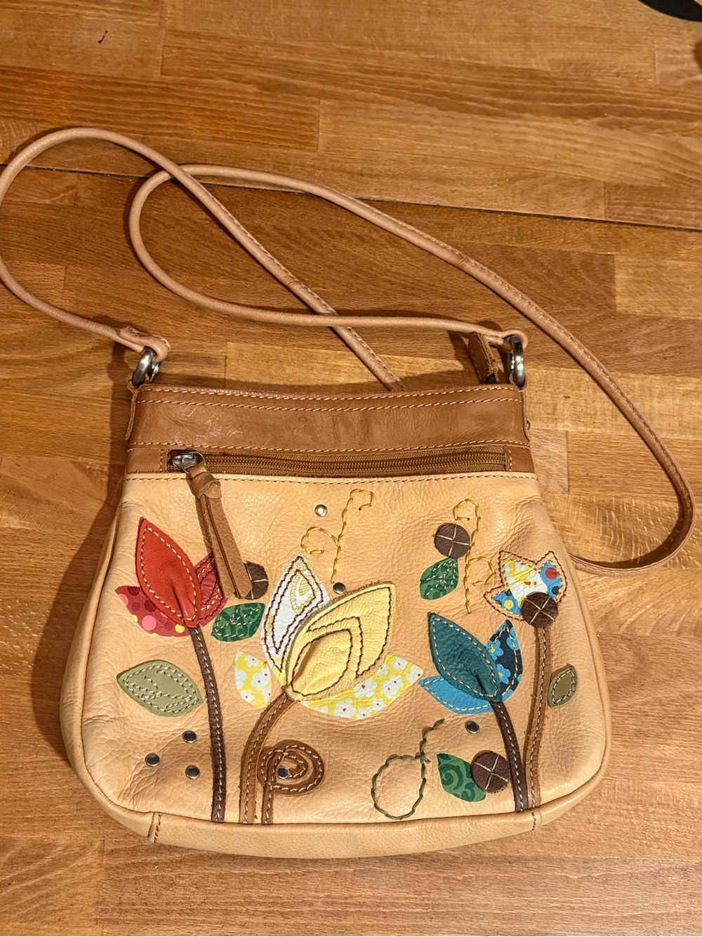 Fossil Leather Patchwork Flowers Crossbody Bag